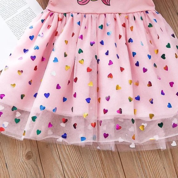 3T Girls Pink Blue Rainbow Unicorn Party Baby Dresses with Shiny Rainbow Hearts - Picture 6 of 8